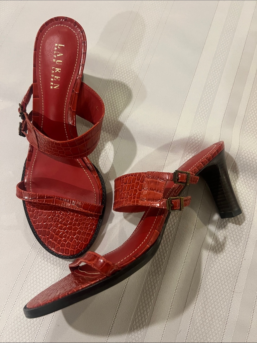 Lauren Ralph Lauren Red Croc-Embossed Heeled Sandals Gale 9B